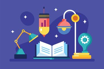Poster - Open book resting on a lamp, with light shining on its pages, lamp and book knowledge power concept, Simple and minimalist flat Vector Illustration