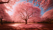 blooming pink sakura trees in sunlight
