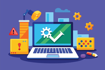 Poster - laptop showing check mark, laptop troubleshooting concept under constuction eror service, simple and
