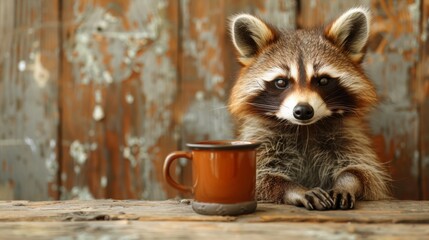 Poster - A raccoon sitting next to a coffee cup on top of wood, AI