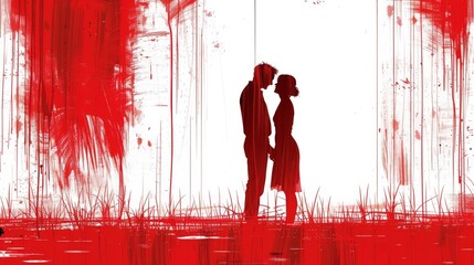 Sticker - A couple standing in front of a red background with splatter, AI