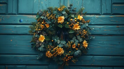 Wall Mural -   A wreath adorns the blue wooden door, featuring green leaves and golden flowers