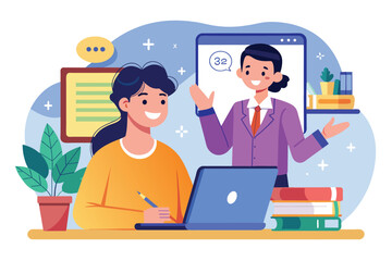 Poster - woman standing in front of laptop computer, learn online with a math teacher via video call, simple 