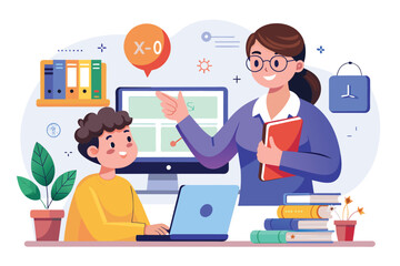 Poster - a woman instructs a child on using a computer, guiding them through the process, learn online with a
