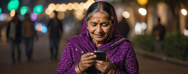 Senior Indian woman with bindi and purple tunic using mobile phone on city street at night, happy elderly lady texting or making a call, out of focus background