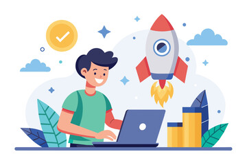 Poster - a man is sitting in front of a laptop with a rocket on top, symbolizing innovation and entrepreneurs