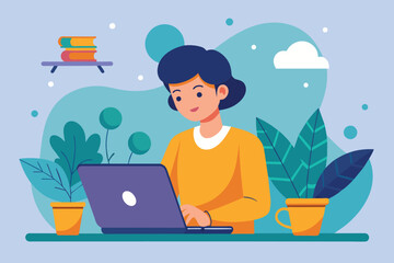 Poster - a woman sitting at a table, focused on her laptop, learn to use a laptop and global, simple and mini