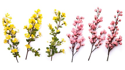 Wall Mural - A botanical assortment of beautiful yellow and pink flowering branches isolated on a white background