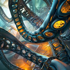 Canvas Print - A conceptual artwork of nano-biotechnology, depicting the fusion of nano-devices with biological organisms, rendered in a hybrid style of organic curves and metallic angles. 