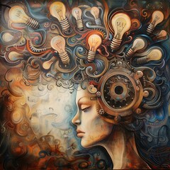 Poster - A woman's head is covered in light bulbs and gears