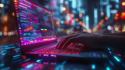Coding on Laptop with City Lights Bokeh Background