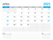 April 2025 year, Calendar planner 2025 and Set of 12 Months, week start on Sunday. Desk calendar 2025 design, simple and clean design, Wall calendar, Corporate design planner template vector