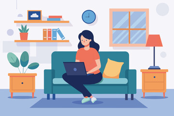 Poster - A woman seated on a couch, using a laptop computer in a living room setting, Living room interior woman sitting with laptop, Simple and minimalist flat Vector Illustration