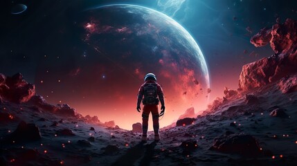 Wall Mural - an astronaut stands looking at the large, looming planet amidst a red, rocky alien landscape