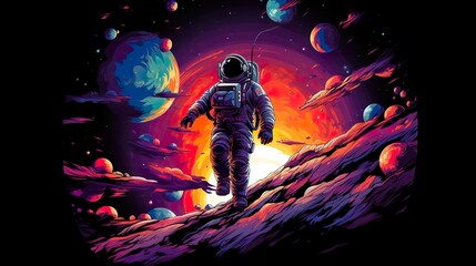 Wall Mural - a vibrant illustration of an astronaut exploring a colorful, alien world with moons and planets in t