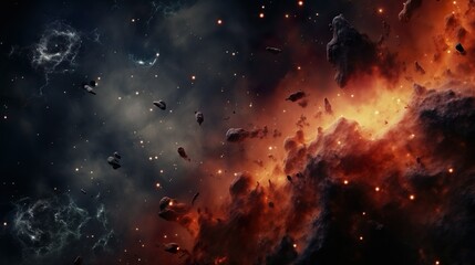 Wall Mural - an epic galactic scene showcasing fiery nebula clouds and scattered asteroids hinting at the vastnes