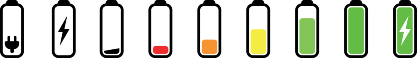 Wall Mural - set of vertical battery level indicators in percentage vector. battery indicator symbols