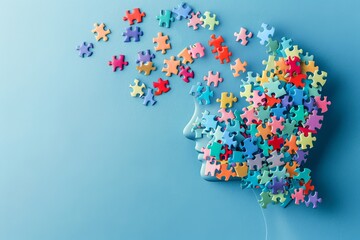 world autism awareness day concept. child with colorful puzzle pieces on light blue background