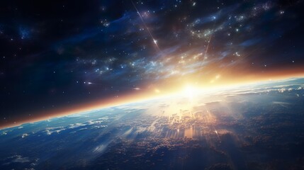 Wall Mural - a dramatic portrayal of an interstellar sunrise against a star-studded sky, featuring brilliant ligh