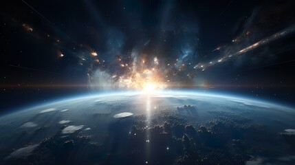 Wall Mural - an awe-inspiring image capturing a vast cosmic event, with a stunning view of earth's horizon and ce