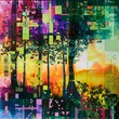A vibrant, abstract depiction of a digital forest, with trees and wildlife pixelated into an eco-system of squares, each pixel representing a unique element of the forest. 