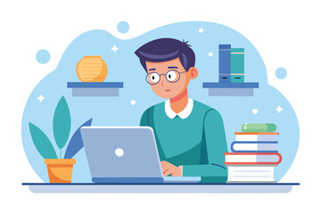 Poster - a man is sitting at a desk with a laptop in front of him, engaged in online studying or work, male c