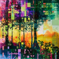 Wall Mural - A vibrant, abstract depiction of a digital forest, with trees and wildlife pixelated into an eco-system of squares, each pixel representing a unique element of the forest. 