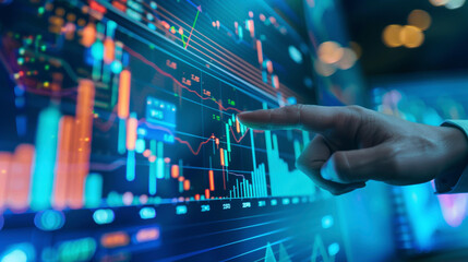 hand of a businessman pointing at a candle stick graph chart of stock market investment trading app. data analytics and strategy formulation