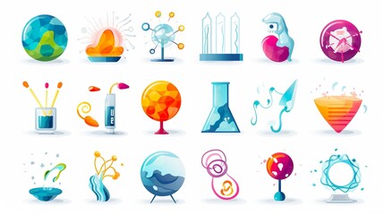 Wall Mural - a vibrant collection of icons representing various scientific concepts in a playful, abstract design