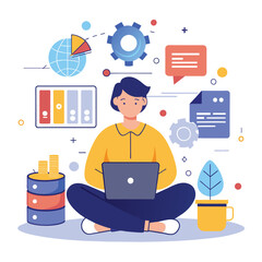 Poster - a person sitting on the floor with a laptop, working or studying, manage big data online, simple and