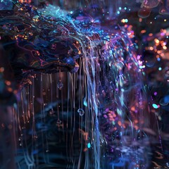 Poster - Abstract digital waterfall with flowing tech elements and glowing droplets. 