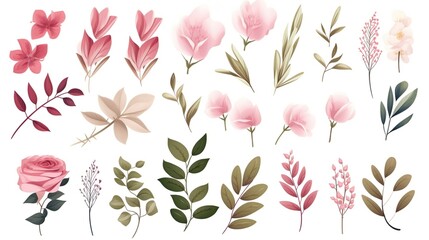 An illustrative set of various flowers and leaves in different shades of pink, green, and brown; perfect for botanical designs
