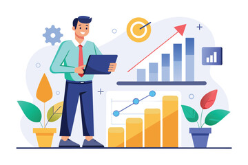 Poster - A man stands in front of a chart, analyzing sales growth data on a tablet, Manager analyzes sales growth graph, Simple and minimalist flat Vector Illustration