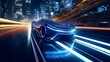  Explore the intersection of technology and transportation as a futuristic car speeds along the road at night, its lights streaking through the darkness to create a symphony of motion and light