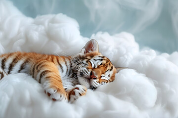 Canvas Print - Clouds of Comfort, Cute Little Tiger Sleeping Peacefully on a Fluffy White Cloud