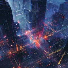 Poster - Abstract interpretation of a geometric city at night with glowing elements. 