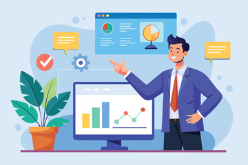 Canvas Print - A man standing in front of a computer screen, explaining business analysis, Manager explaining business analysis on screen, Simple and minimalist flat Vector Illustration