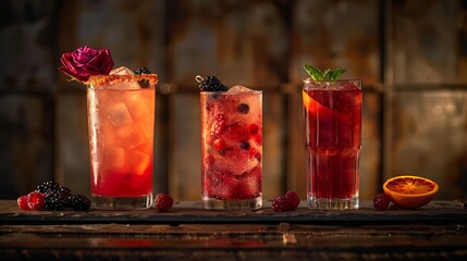 Wall Mural -   Three distinct drinks rest on the table beside an orange and a combination of blackberries and raspberries