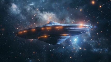 Wall Mural - A 3D rendering of an alien spaceship flying in deep space with stars in the background, seen from the rear.