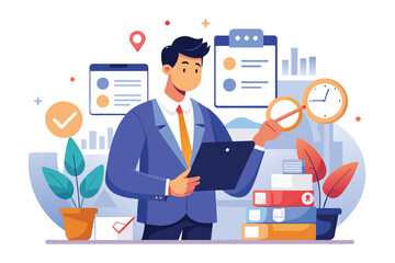 Poster - A man in a suit examining something closely with a magnifying glass while holding a laptop, Managers audit business rules, Simple and minimalist flat Vector Illustration