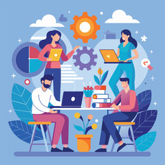 Poster - a group of people, mainly managers, sitting around a table, actively using laptops to collaborate on