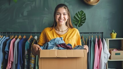 A conceptual image of donation, featuring a woman holding a donation box filled with clothes.