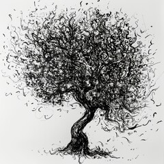 Wall Mural - A tree with a twisted trunk is drawn in black and white