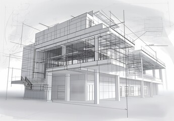 Wall Mural - Industrial building wireframe rendering with architectural and construction details