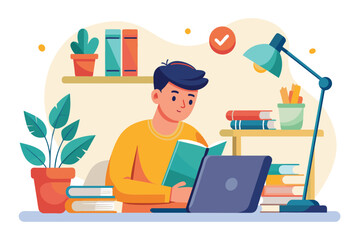 Poster - a man sitting in front of a laptop computer, focusing on his work or studies at home, man at home st