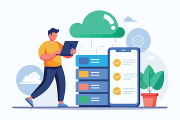 Wall Mural - Man Standing Next to Large Stack of Data, man backing up database with cloud on mobile phone, Simple and minimalist flat Vector Illustration