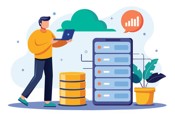 Canvas Print - Man Standing Next to Large Server, man backing up database with cloud on mobile phone, Simple and minimalist flat Vector Illustration