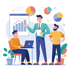 Sticker - Businessman Coach Explaining Statistics to Group Around Laptop, A manager coach explaining statistics to businessmen, trending, Simple and minimalist flat Vector Illustration