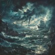 Transform a traditional maritime landscape into a nightmarish panorama through a low-angle view that distorts reality Picture a storm-tossed sea populated with grotesque sea creatures and ominous ghos