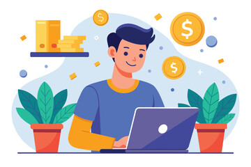 Poster - A man sits in front of a laptop computer, counting money, man counting money on laptop, Simple and minimalist flat Vector Illustration